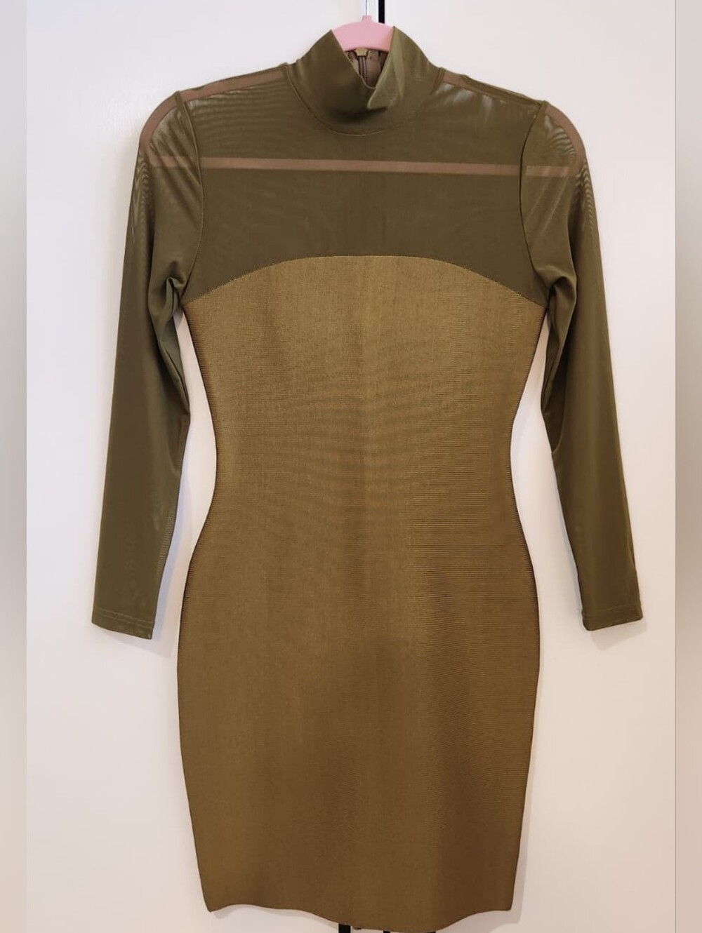 Olive Green Sheer Mesh Bandage Bodycon Mini Dress Size Small